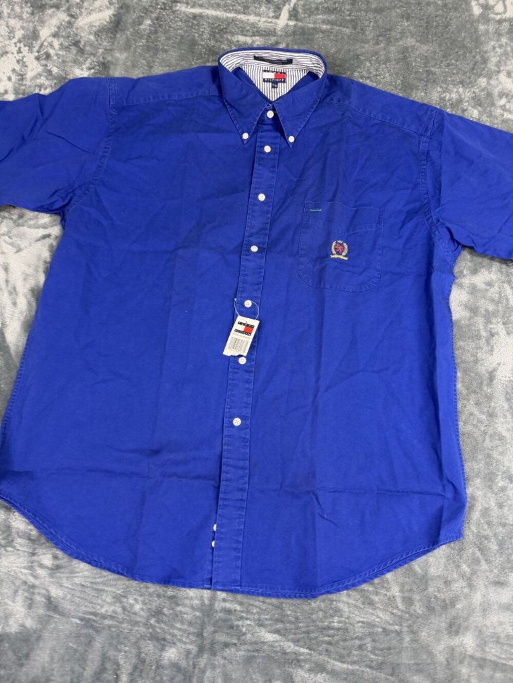 Tommy Hilfiger Mens Blue Button-Down Shirt XL Crest Logo Striped Collar NWT FLaw